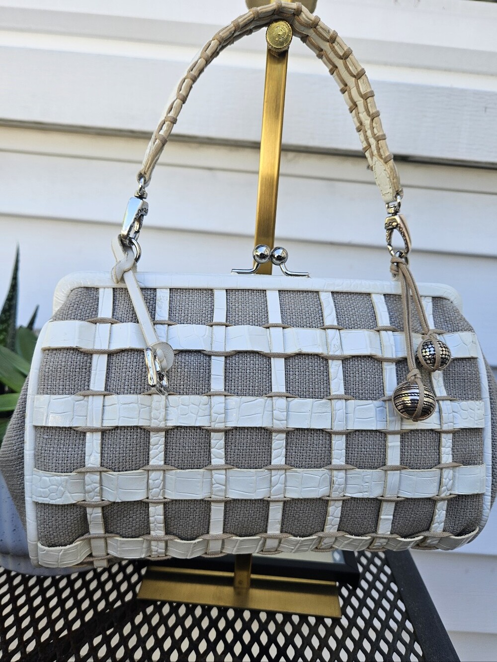 Brighton Woven Leather & Linen Kiss Lock Satchel  Mini Bag Cream /White Vintage - Picture 8 of 13